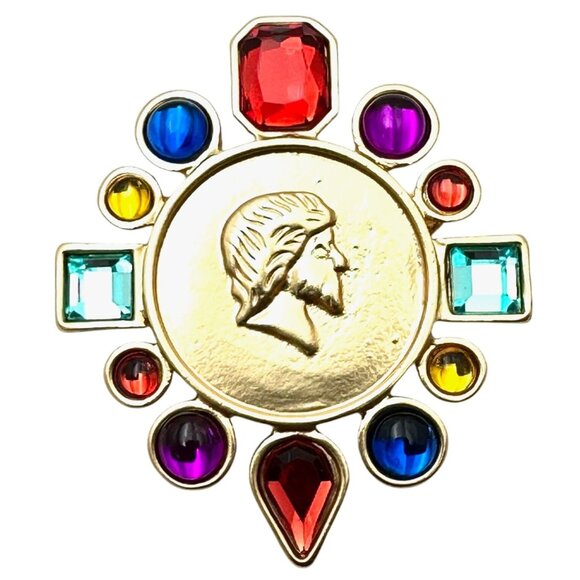 Jewel Tone Multicolor Rhinestone Gold Tone Statement Brooch Pin New - Picture 1 of 6